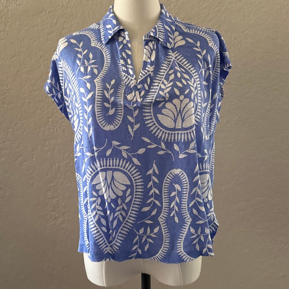 Joie Vintage Blue White Floral Linen Short Sleeve Top Women's Size L Large